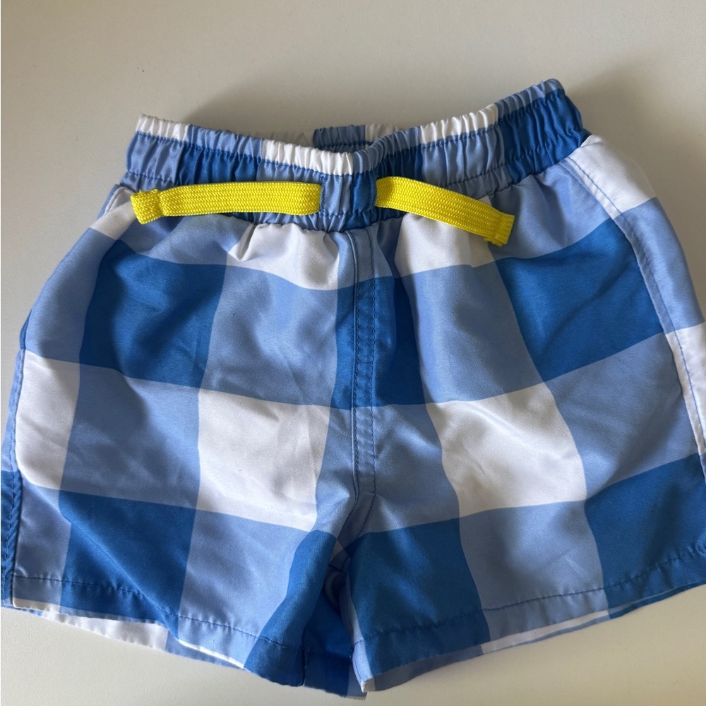 Primary Blue and White Check Swim Shorts with Yellow Drawstring